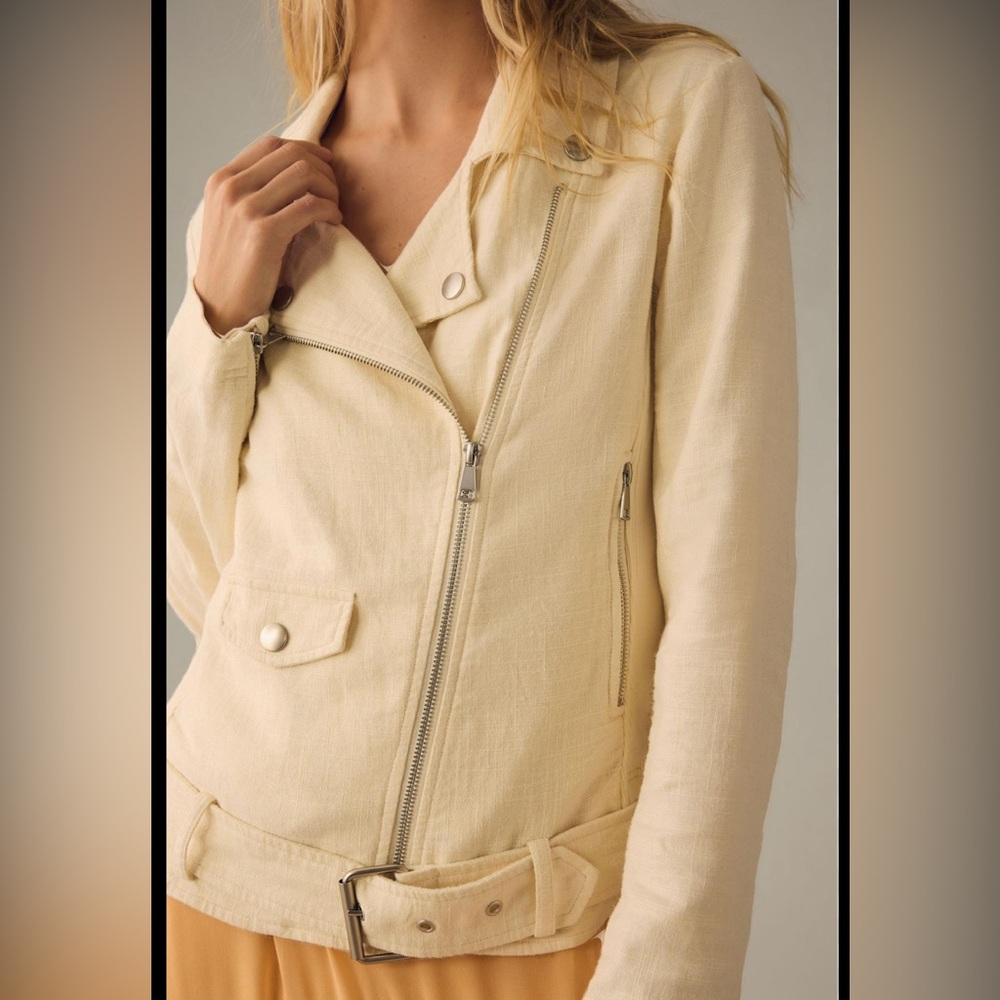 Anthropologie ivory cotton linen moto jacket size XL